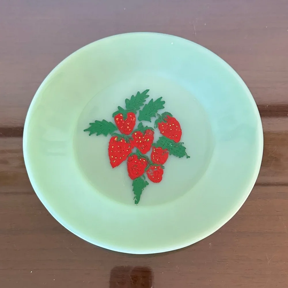 Vintage Fire-King Jadeite Glass Hand Painted Strawberry Plate 9'' Made in USA